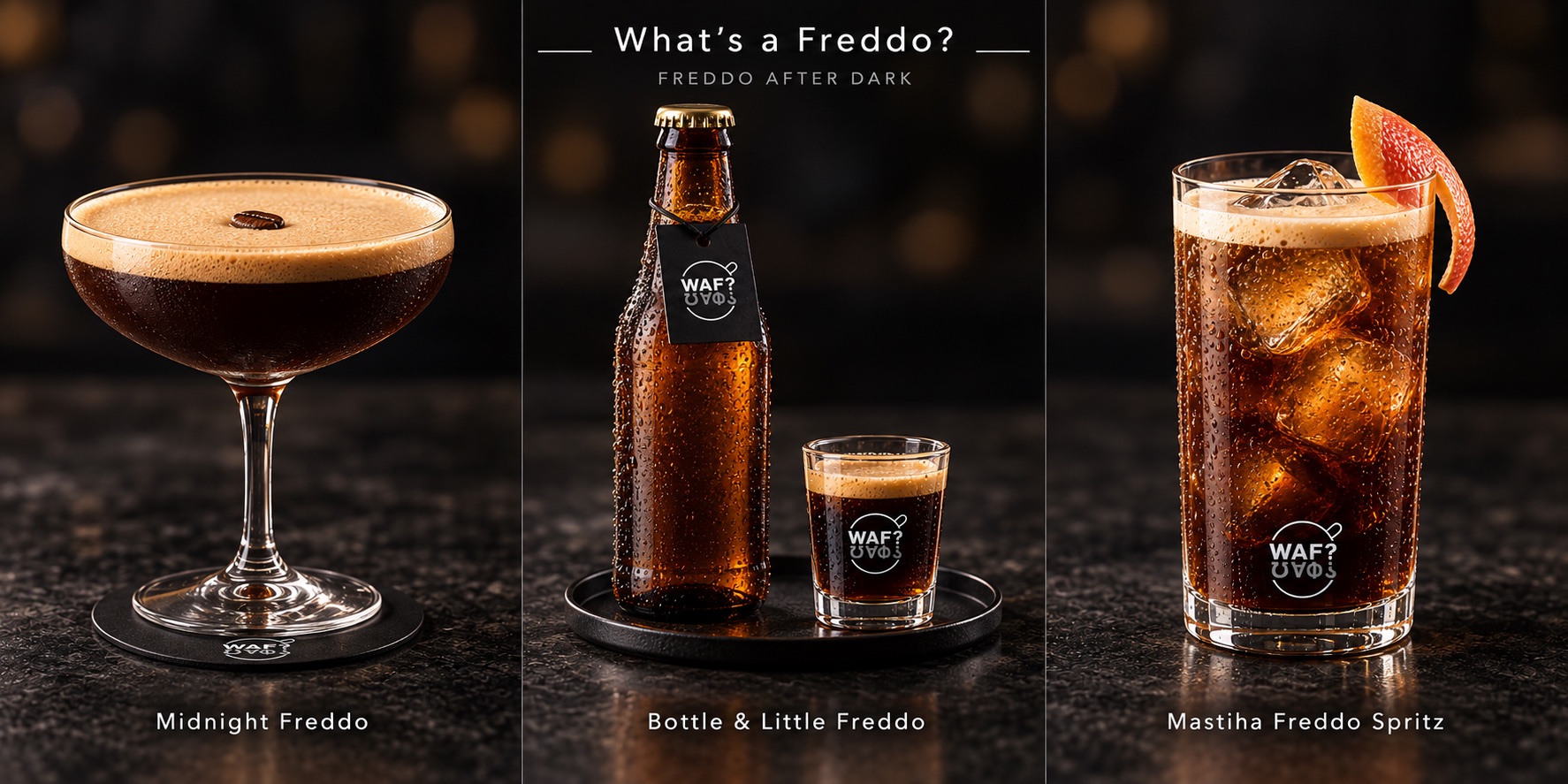 Midnight Freddo, Bottle and Little Freddo, and Mastiha Freddo Spritz