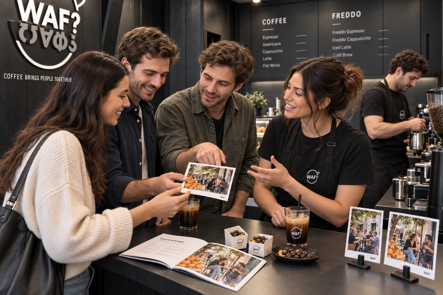Customers sharing Greek street-life postcards at the WAF counter