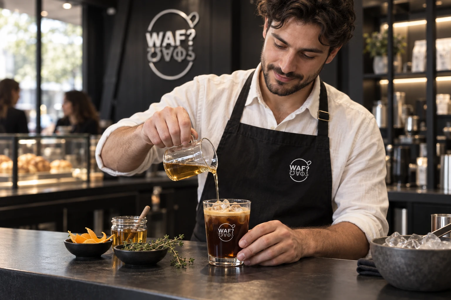 A WAF barista pouring an amber infusion into iced coffee beside orange peel and thyme
