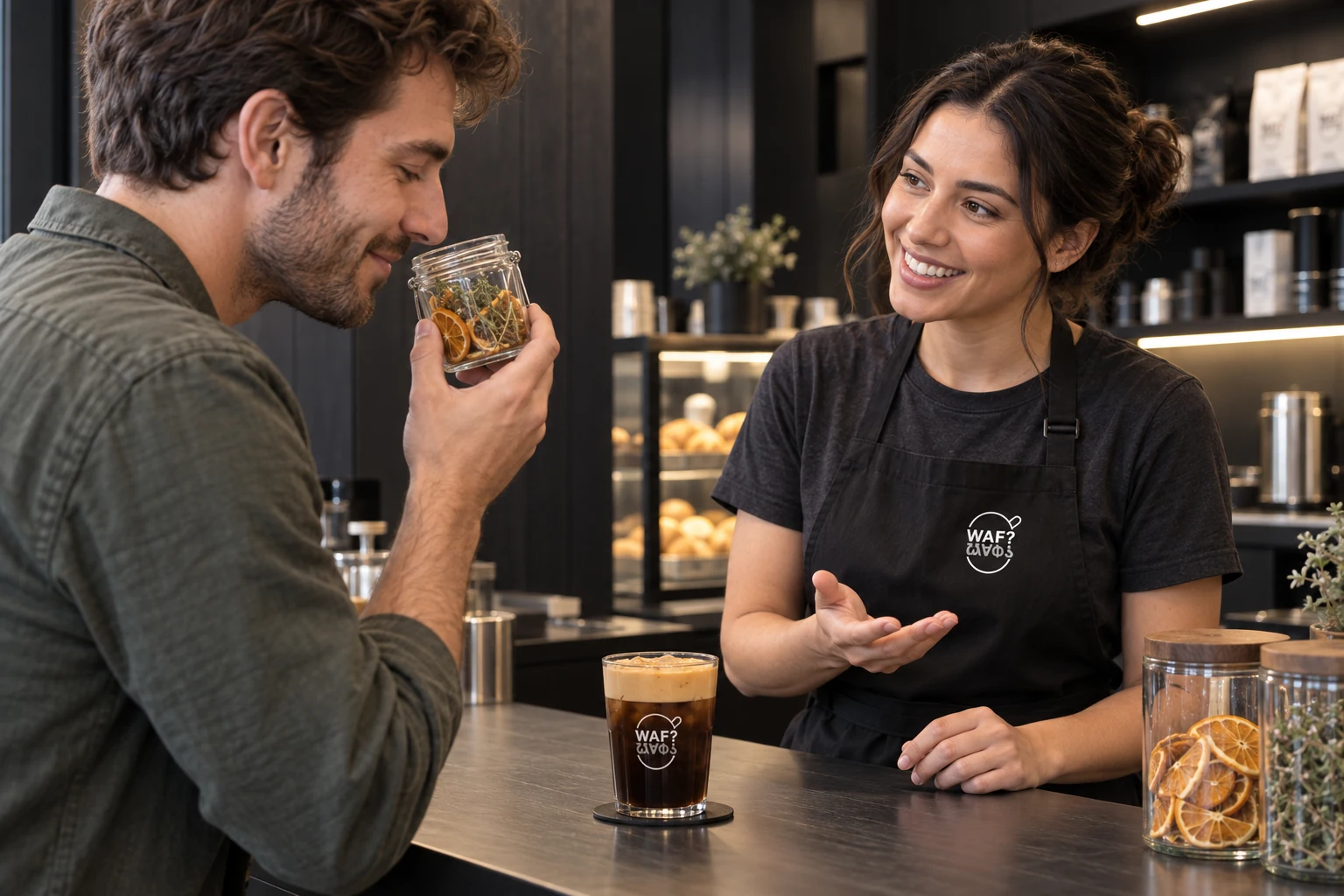A customer smelling orange and herbs while the WAF host explains the ingredients