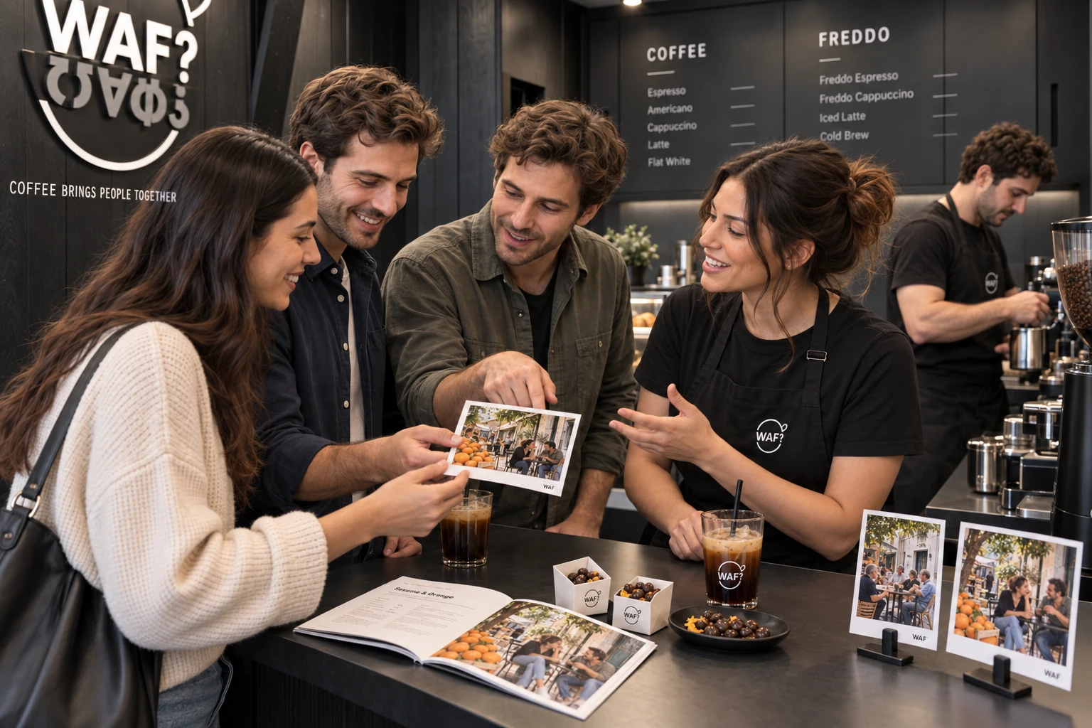 Guests sharing Greek street-life postcards with the WAF host beside the recipe book