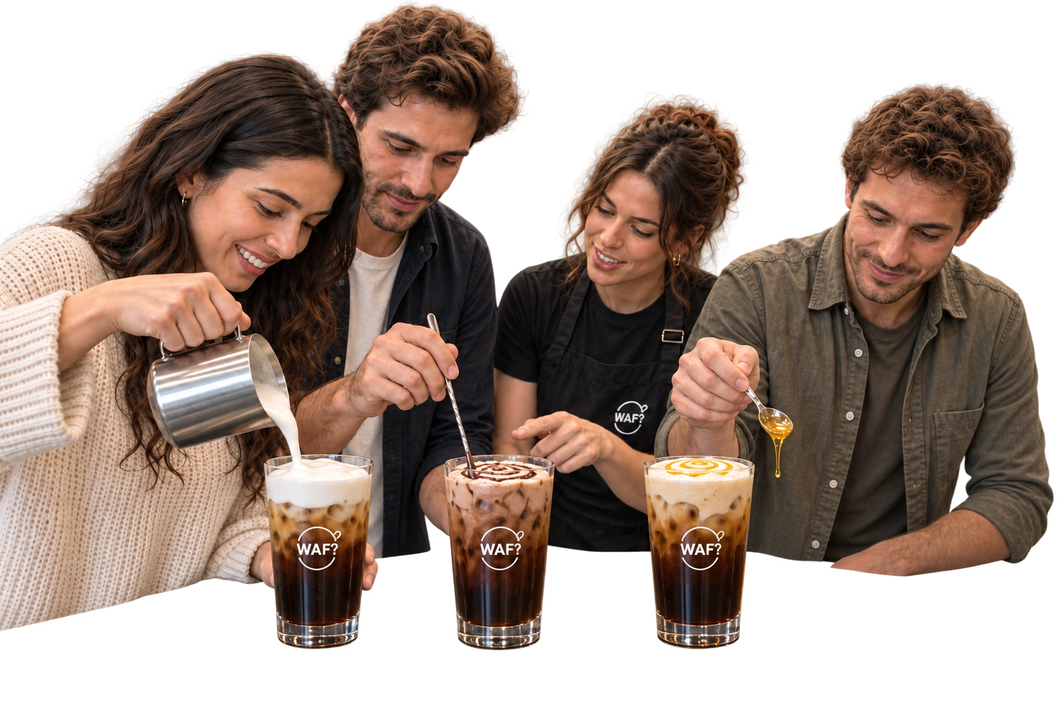 Three customers and a WAF coffee chef finishing milk, chocolate and honey Freddos together