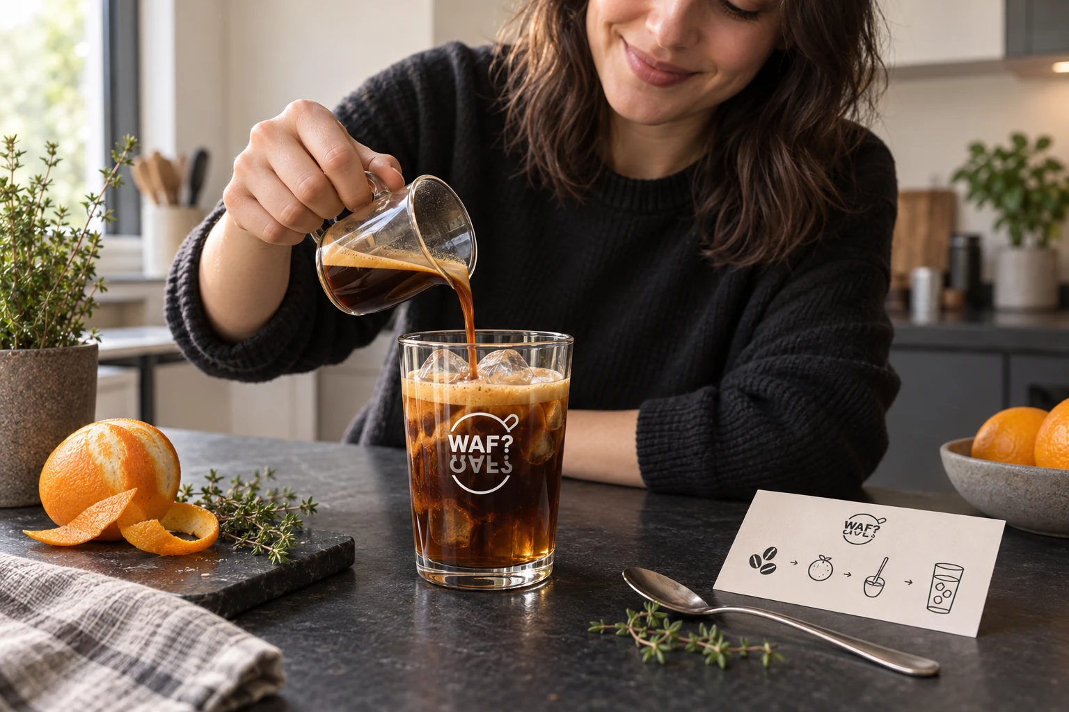 A customer recreating a WAF Freddo at home with orange peel, thyme and a recipe beside her