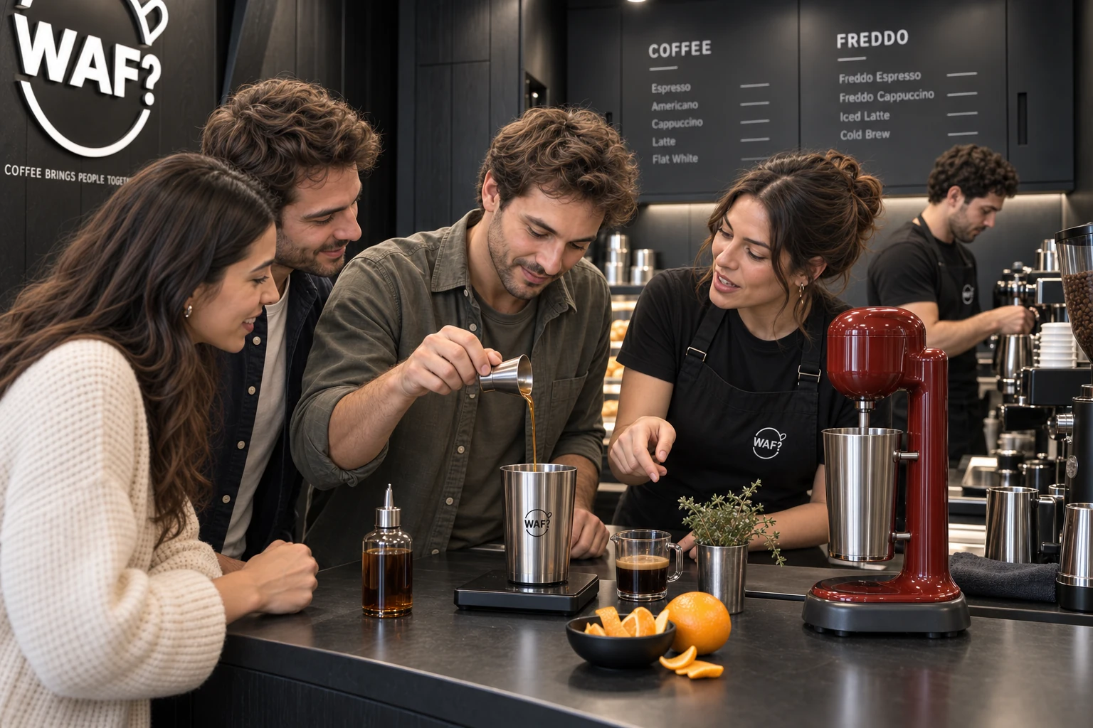 A guest pouring measured orange infusion from a jigger into a steel mixing cup on a scale