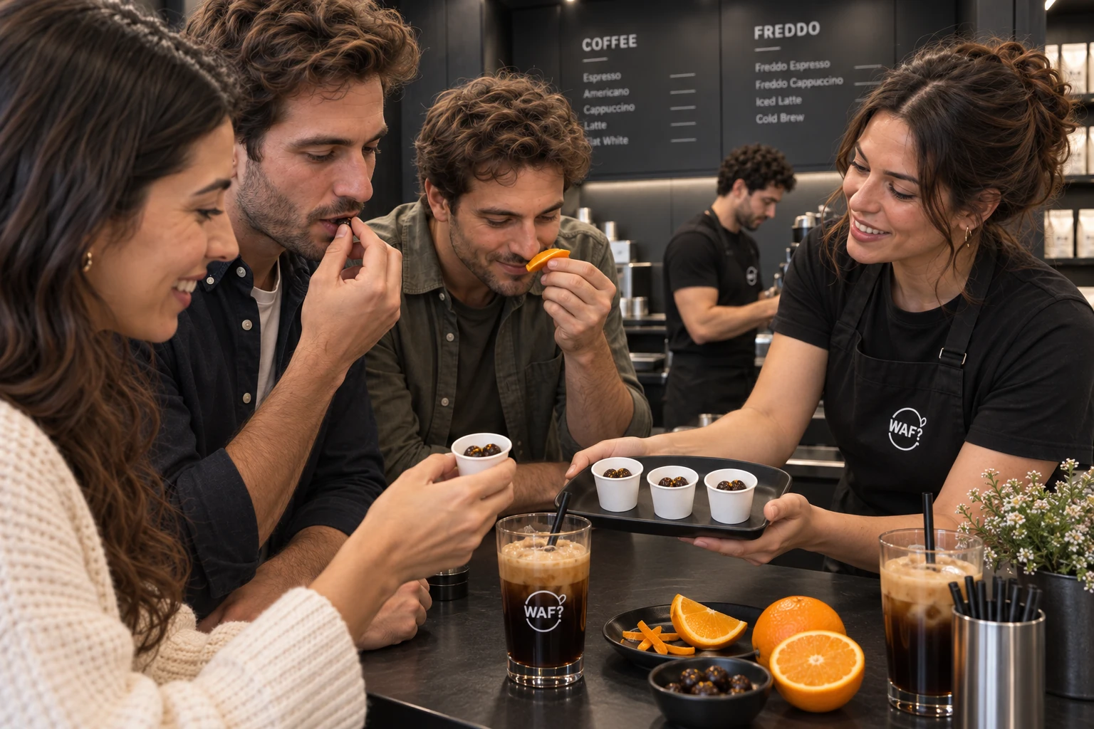 Three guests receiving orange chocolate coffee-bean tastings, with a second barista serving behind them
