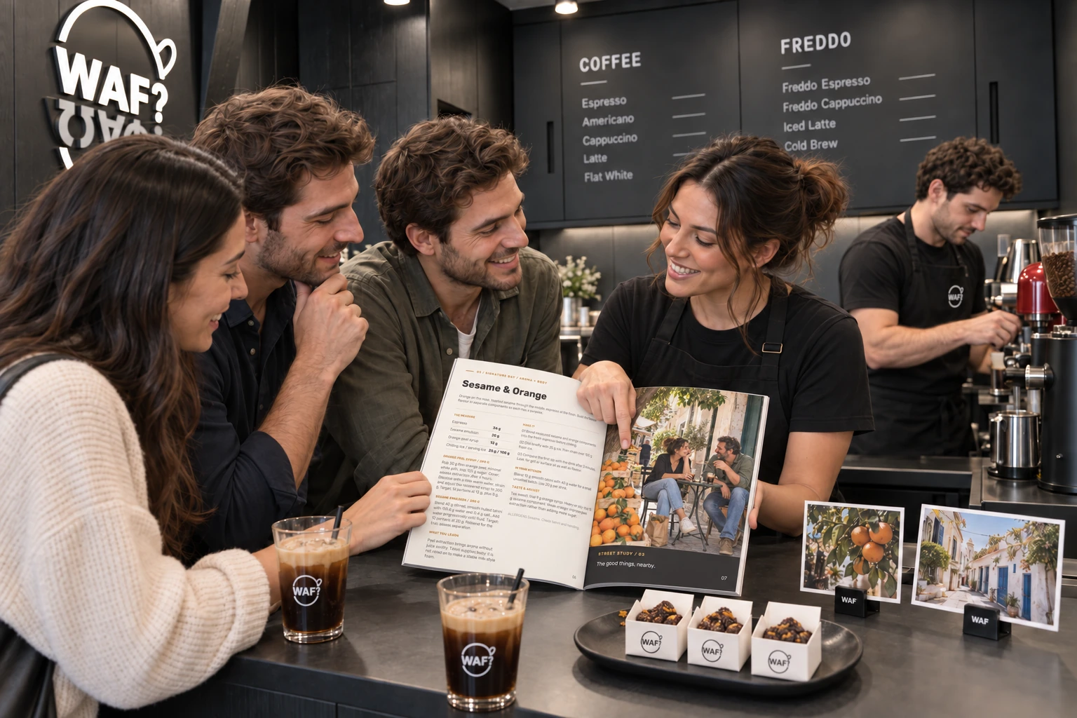 Three customers exploring the WAF recipe book together at the coffee counter