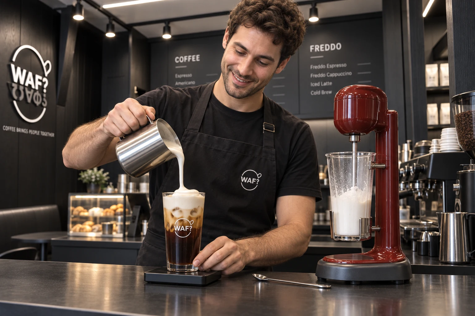 A WAF barista pouring cold milk foam onto a Freddo beside the commercial spindle mixer