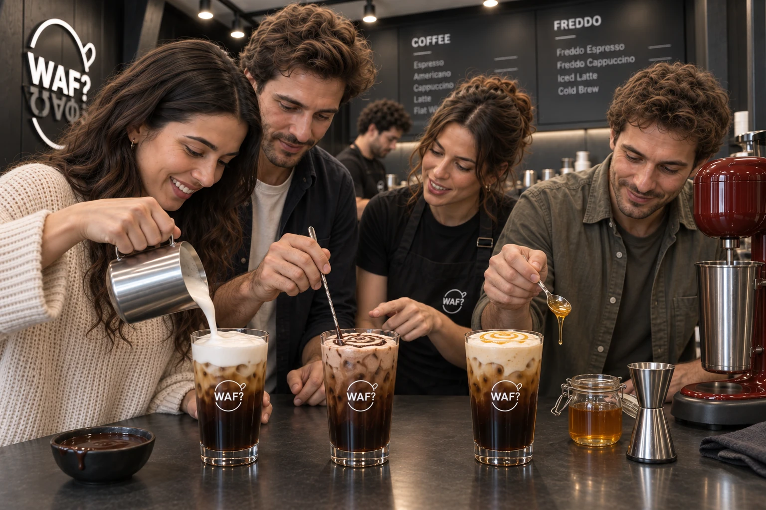 Three customers finishing Freddos with white milk foam, chocolate-blended foam and honey drizzle
