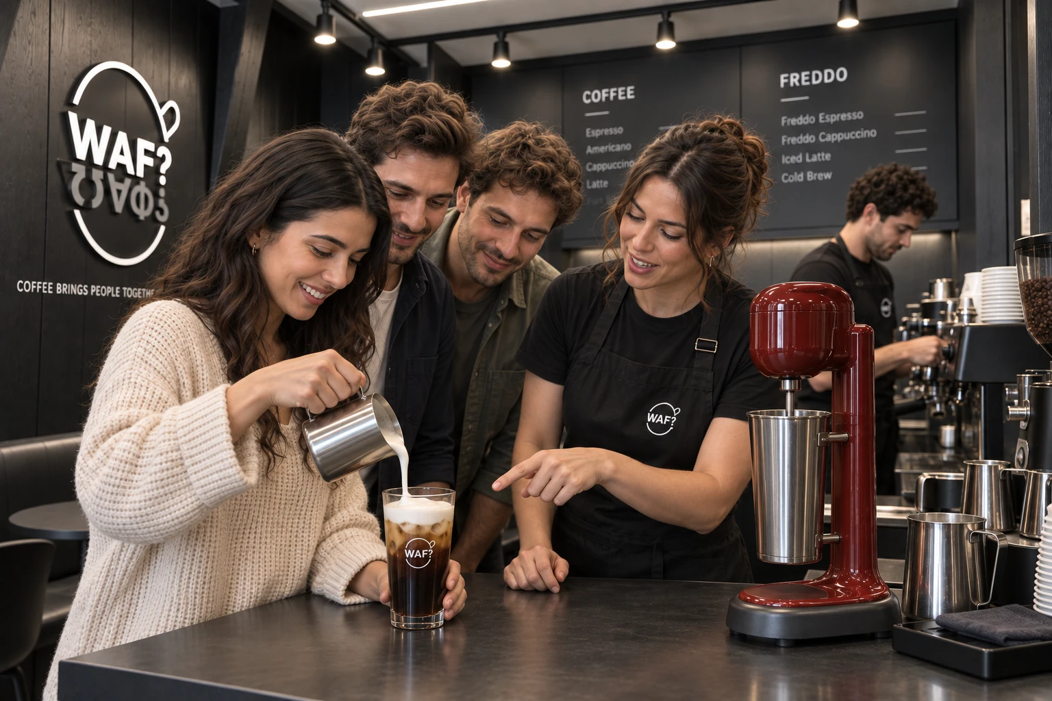 A customer pouring milk foam onto her Freddo as the host guides her and friends watch