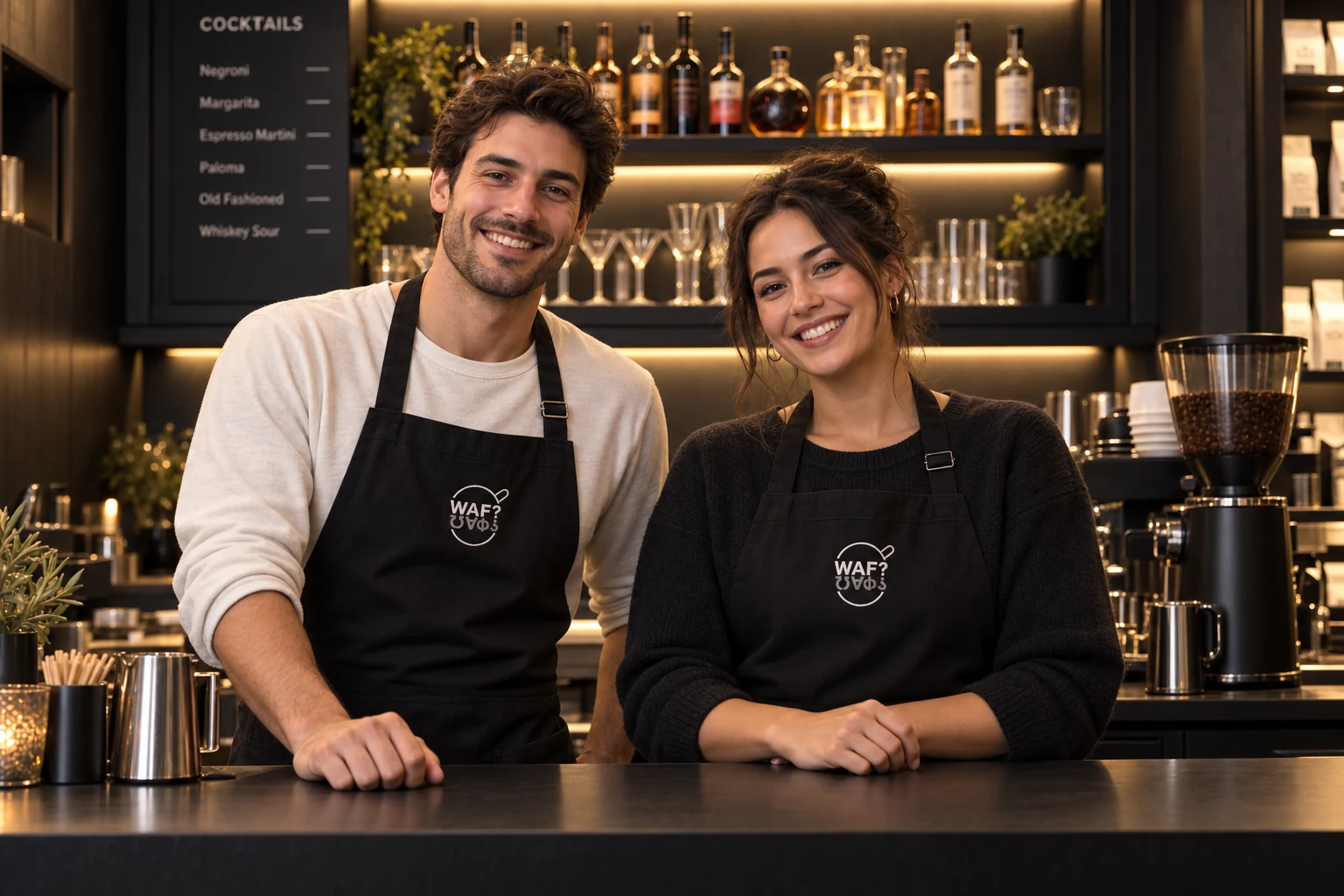 A man and woman in casual clothes and black WAF aprons at the warmly lit evening counter