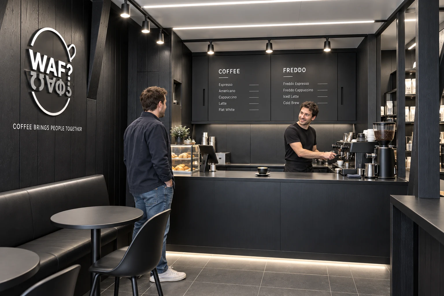A barista making coffee while talking to a customer across an open counter