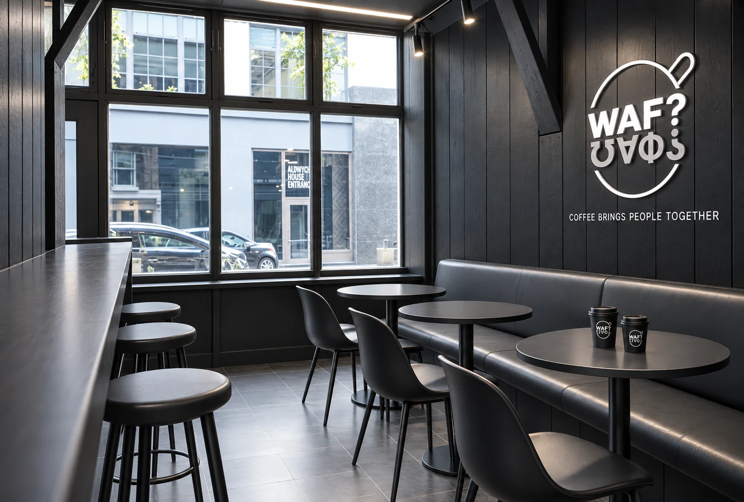 Daylight falling across the café window seating and black banquette