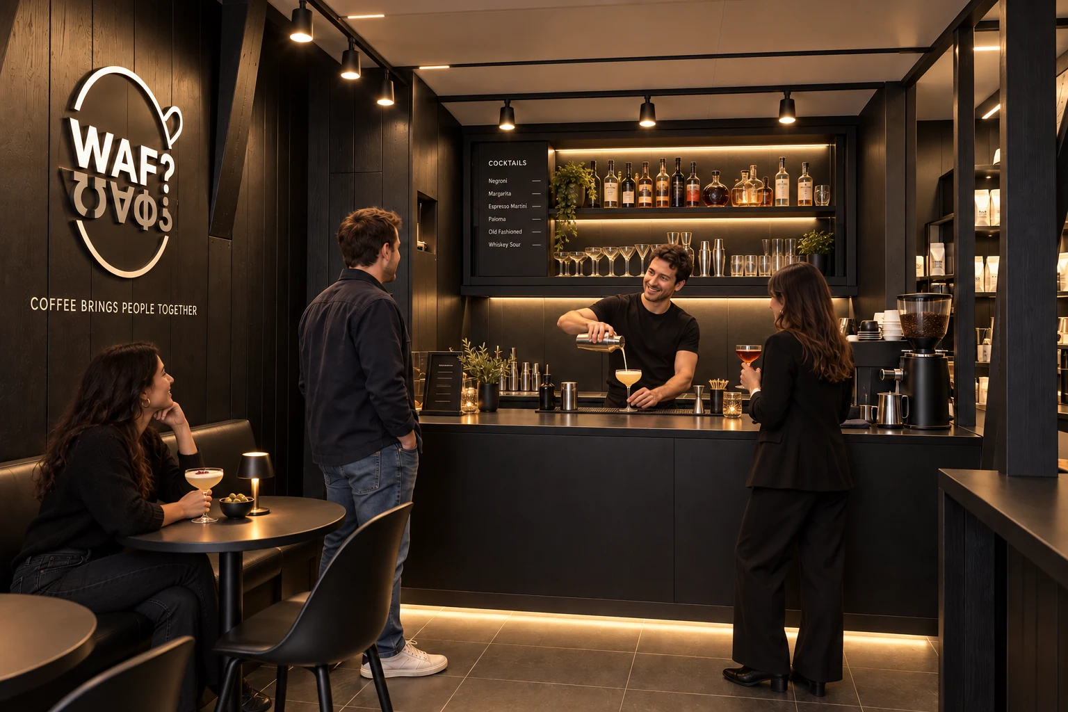 The café counter transformed into a warm cocktail bar with the drinks cabinet open