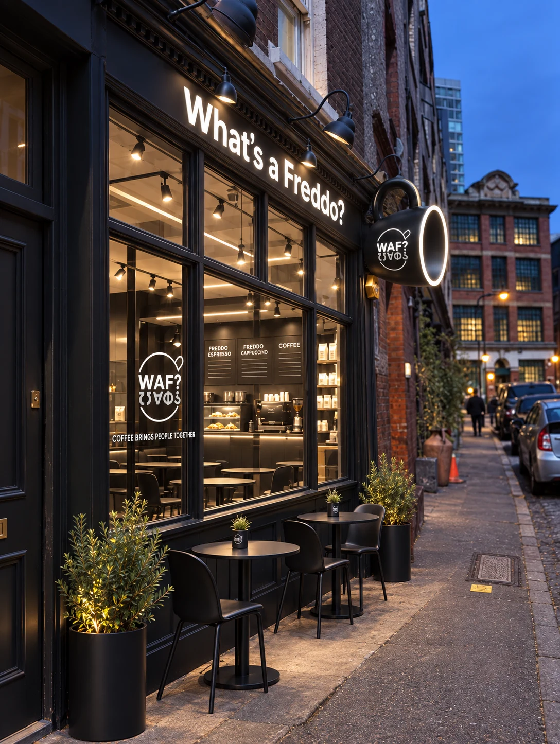 An angled evening view of the WAF shopfront, illuminated cup sign and pavement tables