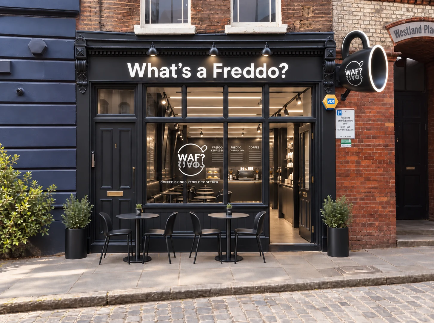 The black WAF shopfront in daylight with pavement tables