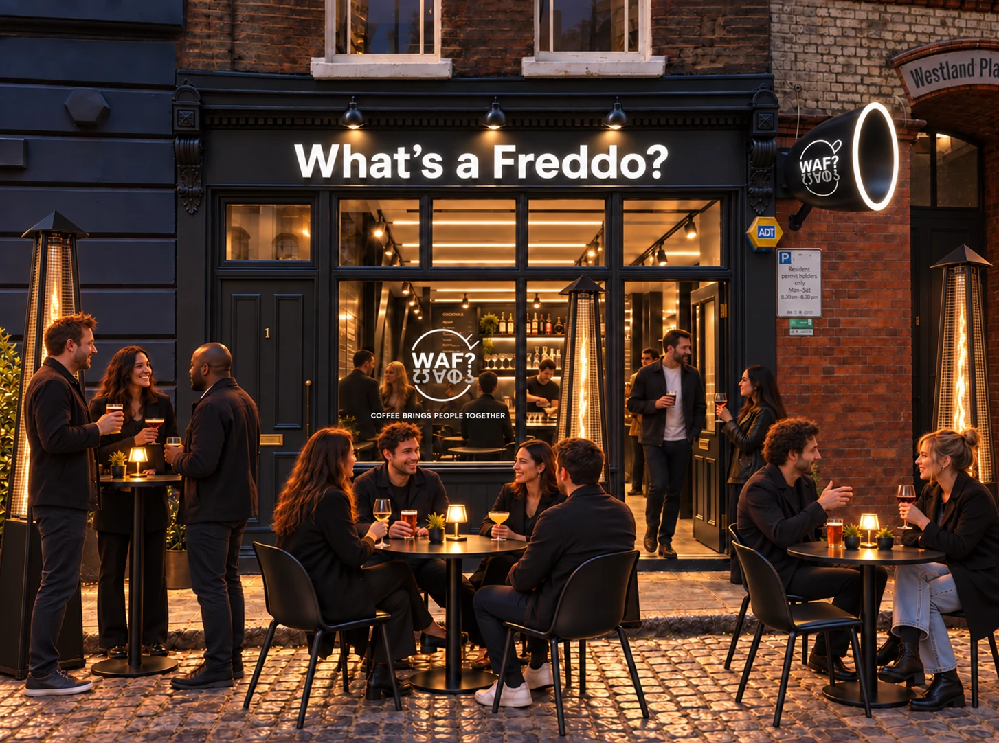 People drinking outside WAF beside freestanding pyramid patio heaters