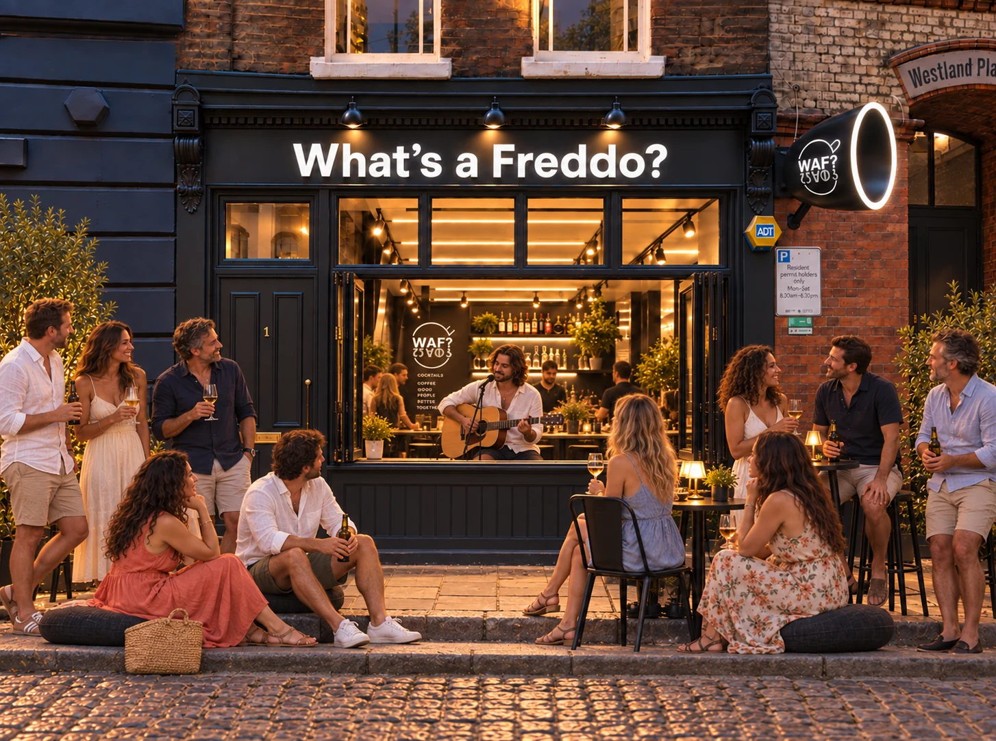 An acoustic guitarist inside the open café window with listeners sitting by the kerb