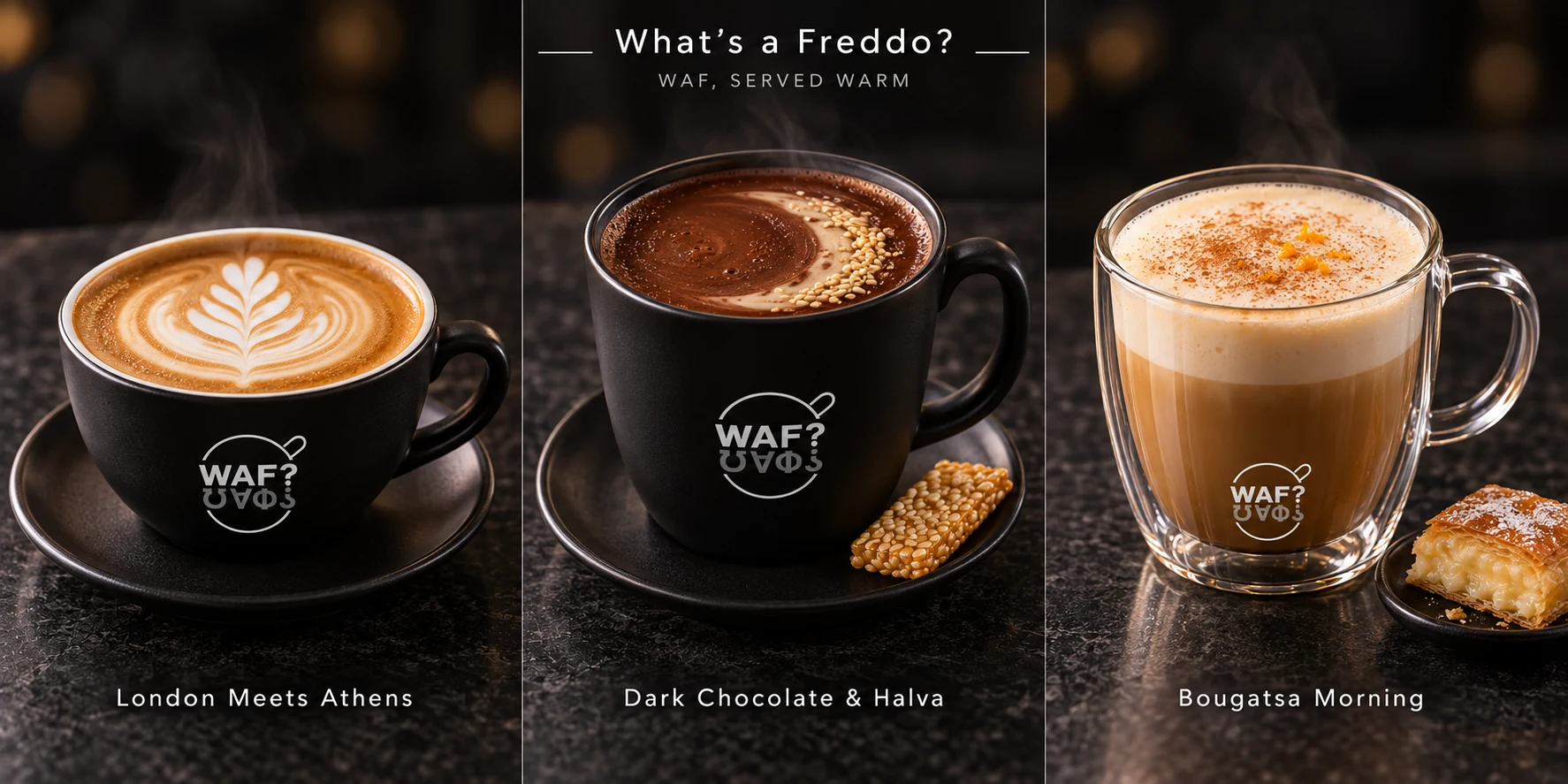 Three warm Greek-inspired WAF drinks with their names