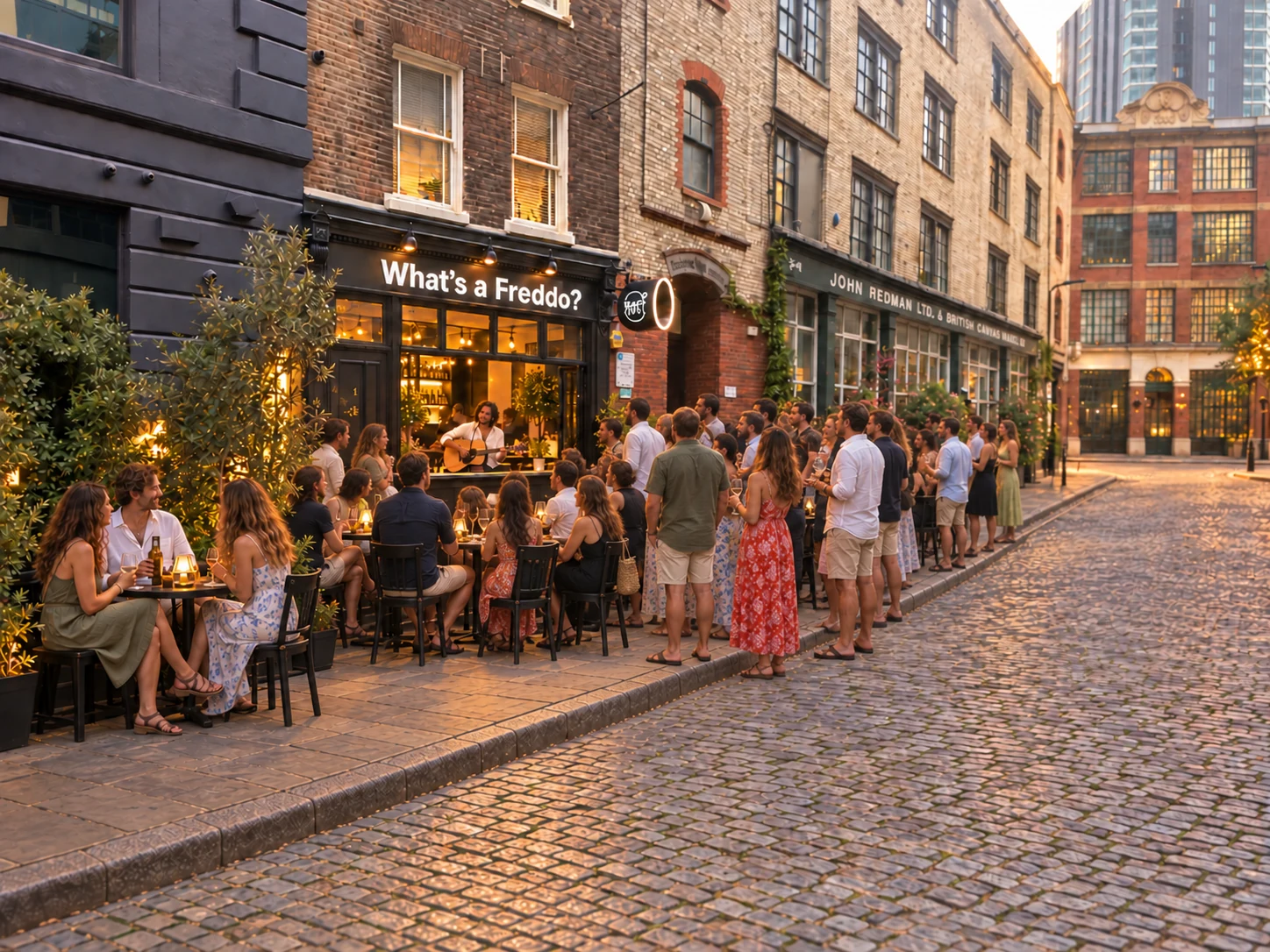 A summer gathering at café tables along the pavement with the cobbled road largely clear