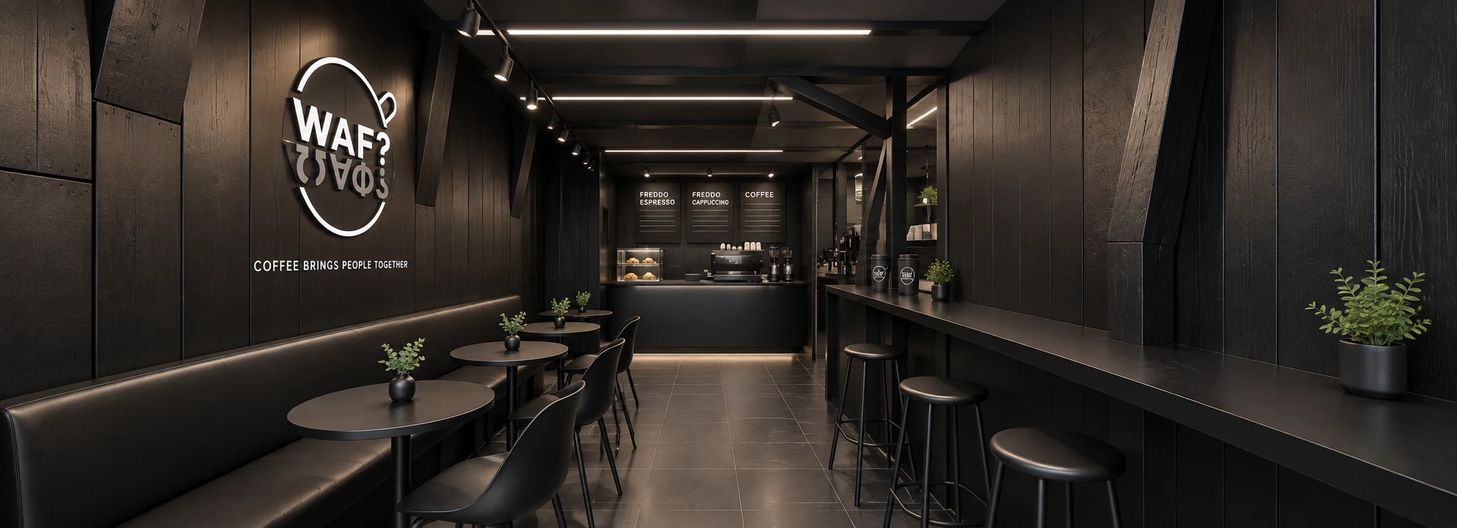 Wide view of the black café with banquette seating and counter stools
